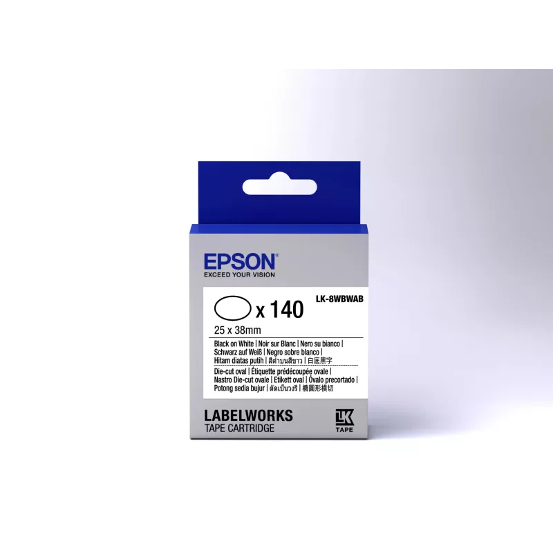 Epson etikečių kasetė, išpjauto ovalo formos, LK-8WBWAB, juoda ant balto, 25x38 mm (140 etikečių)
