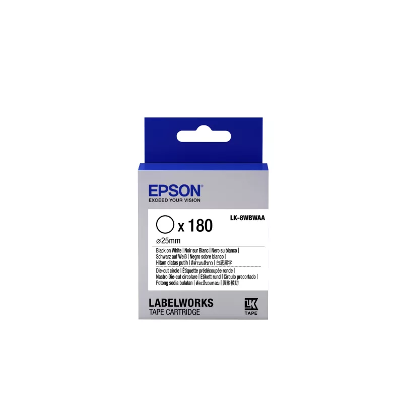 Epson etikečių kasetė išpjauti apskritimai LK-8WBWAA juoda ant balto D25mm (180 etikečių)
