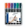 Staedtler Lumocolor Chisel Tip 350 WP6 permanentiniai žymekliai, rinkinys iš šešių, yra juodos, mėlynos, žalios, raudonos, violetinės ir geltonos spalvų.