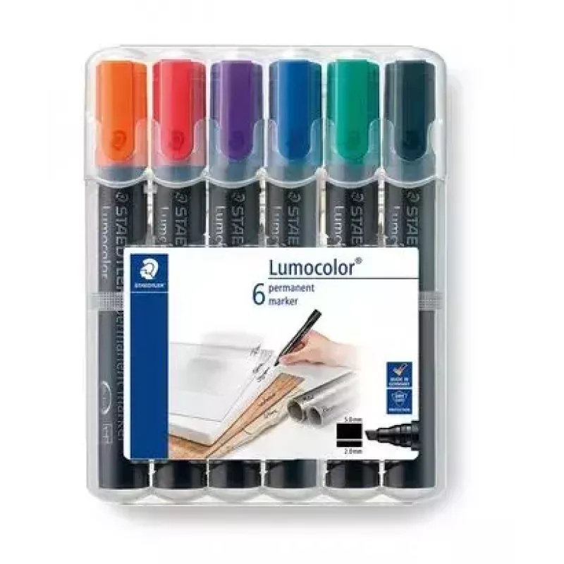 Staedtler Lumocolor Chisel Tip 350 WP6 permanentiniai žymekliai, rinkinys iš šešių, yra juodos, mėlynos, žalios, raudonos, violetinės ir geltonos spalvų.