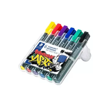 Staedtler Lumocolor Chisel Tip 350 WP6 permanentiniai žymekliai, rinkinys iš šešių, yra juodos, mėlynos, žalios, raudonos, violetinės ir geltonos spalvų.
