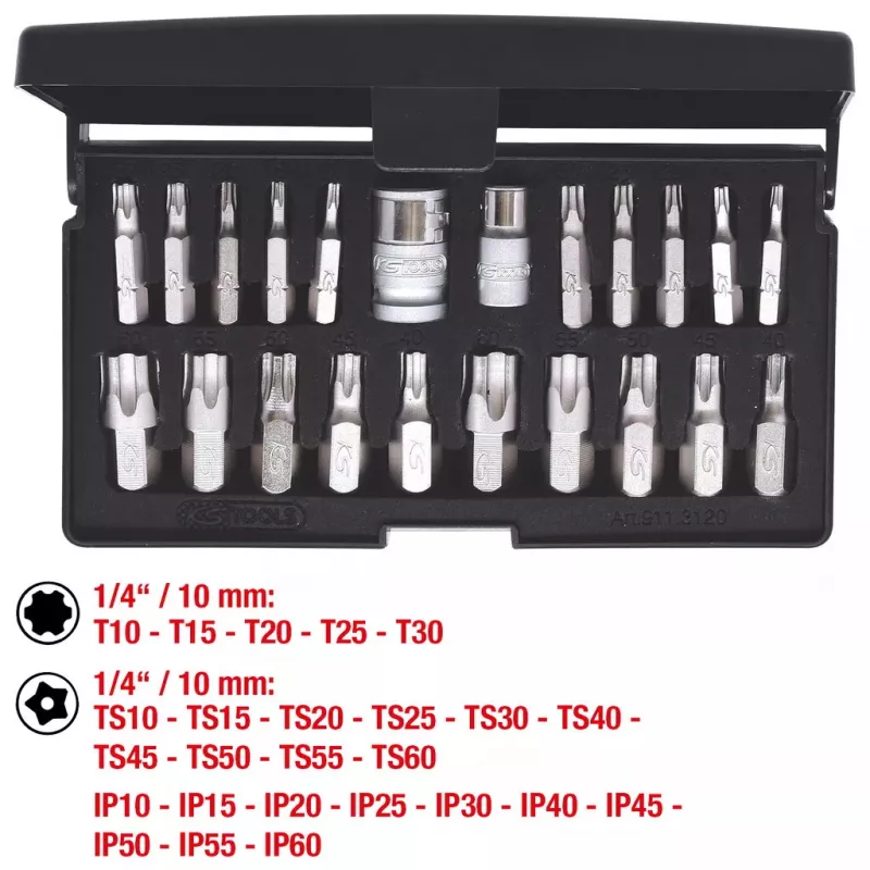 Kištukinių galvučių rinkinys KS Tools 911.3120 — 22 plieninės galvutės, 432 g