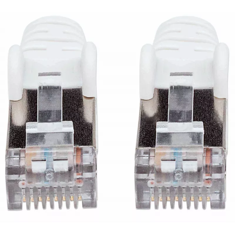 Intellinet tinklo komutacinis kabelis, Cat7 laidas / Cat6A kištukai, 0,25 m, baltas, varis, S/FTP, LSOH / LSZH, PVC, RJ45, paauksuoti kontaktai, be užkibimų, su apsaugine mova, garantija visam gyvenimui