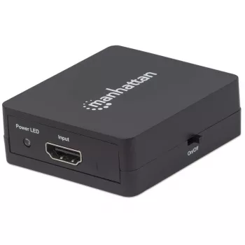Manhattan HDMI skirstytuvas, 2 prievadų, 1080p, juodas, rodo išvestį iš x1 HDMI šaltinio į x2 HD ekranus (ta pati išvestis į abu ekranus), maitinamas per USB-A (laidas pridedamas, 0,7 m), trejų metų garantija