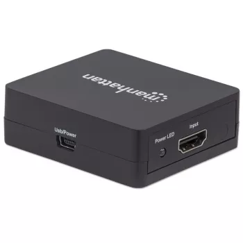 Manhattan HDMI skirstytuvas, 2 prievadų, 1080p, juodas, rodo išvestį iš x1 HDMI šaltinio į x2 HD ekranus (ta pati išvestis į abu ekranus), maitinamas per USB-A (laidas pridedamas, 0,7 m), trejų metų garantija