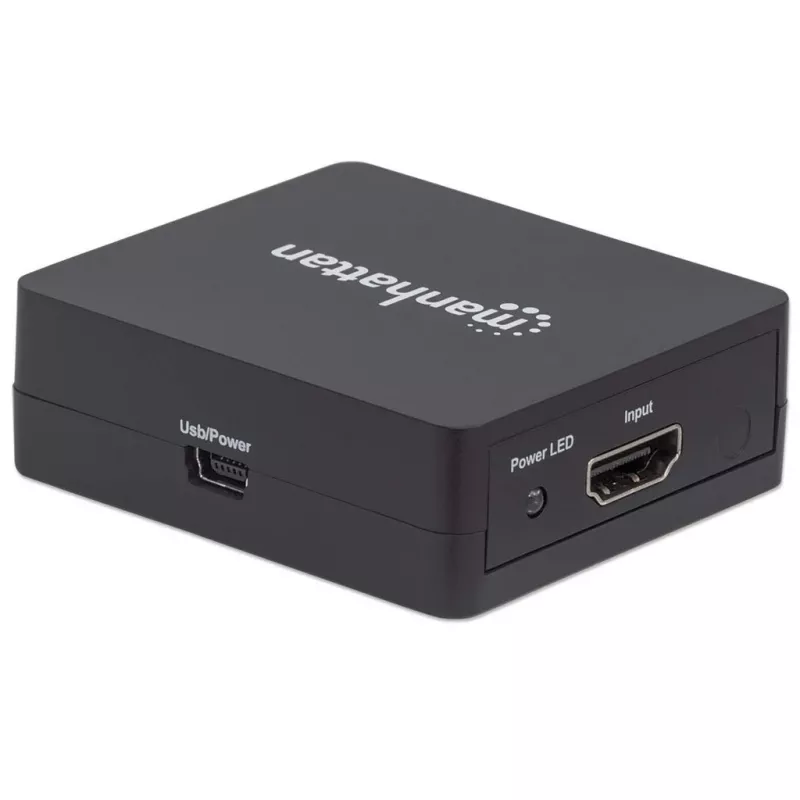 Manhattan HDMI skirstytuvas, 2 prievadų, 1080p, juodas, rodo išvestį iš x1 HDMI šaltinio į x2 HD ekranus (ta pati išvestis į abu ekranus), maitinamas per USB-A (laidas pridedamas, 0,7 m), trejų metų garantija