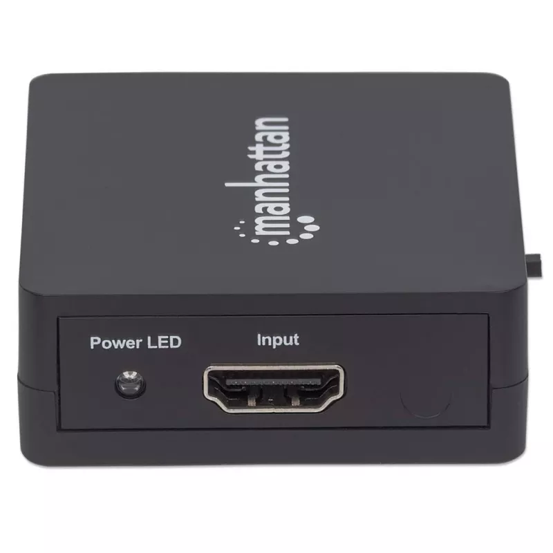 Manhattan HDMI skirstytuvas, 2 prievadų, 1080p, juodas, rodo išvestį iš x1 HDMI šaltinio į x2 HD ekranus (ta pati išvestis į abu ekranus), maitinamas per USB-A (laidas pridedamas, 0,7 m), trejų metų garantija