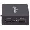 Manhattan HDMI skirstytuvas, 2 prievadų, 1080p, juodas, rodo išvestį iš x1 HDMI šaltinio į x2 HD ekranus (ta pati išvestis į abu ekranus), maitinamas per USB-A (laidas pridedamas, 0,7 m), trejų metų garantija