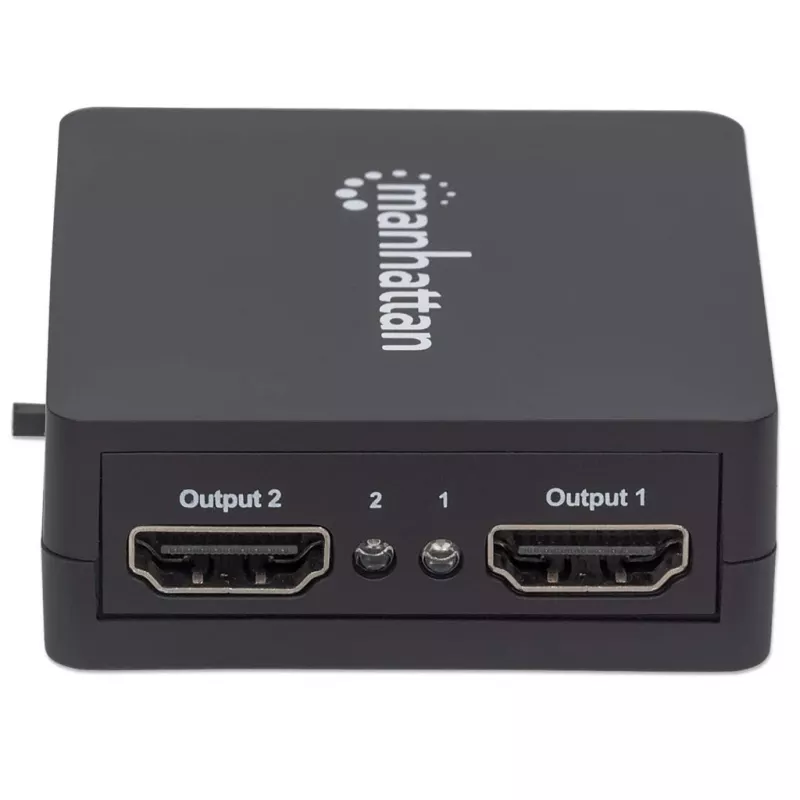 Manhattan HDMI skirstytuvas, 2 prievadų, 1080p, juodas, rodo išvestį iš x1 HDMI šaltinio į x2 HD ekranus (ta pati išvestis į abu ekranus), maitinamas per USB-A (laidas pridedamas, 0,7 m), trejų metų garantija