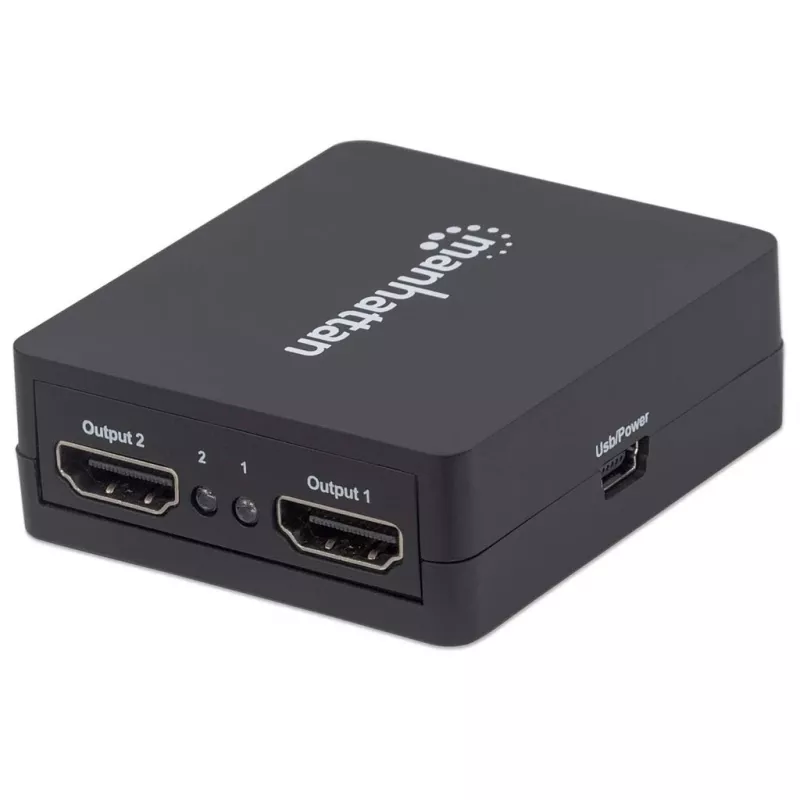 Manhattan HDMI skirstytuvas, 2 prievadų, 1080p, juodas, rodo išvestį iš x1 HDMI šaltinio į x2 HD ekranus (ta pati išvestis į abu ekranus), maitinamas per USB-A (laidas pridedamas, 0,7 m), trejų metų garantija
