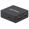 Manhattan HDMI skirstytuvas, 2 prievadų, 1080p, juodas, rodo išvestį iš x1 HDMI šaltinio į x2 HD ekranus (ta pati išvestis į abu ekranus), maitinamas per USB-A (laidas pridedamas, 0,7 m), trejų metų garantija
