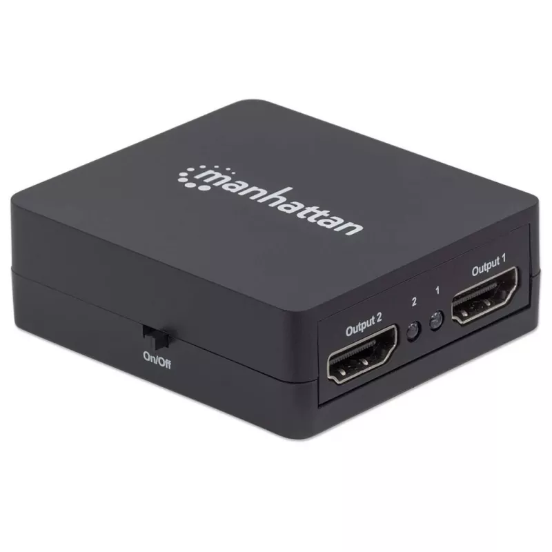 Manhattan HDMI skirstytuvas, 2 prievadų, 1080p, juodas, rodo išvestį iš x1 HDMI šaltinio į x2 HD ekranus (ta pati išvestis į abu ekranus), maitinamas per USB-A (laidas pridedamas, 0,7 m), trejų metų garantija