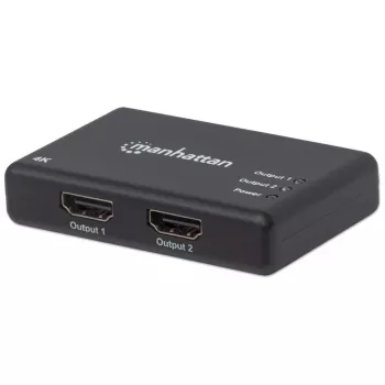 Manhattan HDMI skirstytuvas, 2 prievadų, 4K@30Hz, rodo išvestį iš vieno HDMI šaltinio į du HD ekranus (ta pati išvestis abiem ekranams), maitinamas kintamąja srove (laidas 0,9 m), juodas, trijų metų garantija