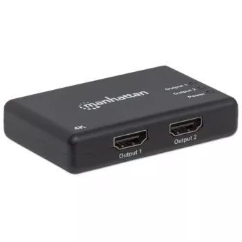 Manhattan HDMI skirstytuvas, 2 prievadų, 4K@30Hz, rodo išvestį iš vieno HDMI šaltinio į du HD ekranus (ta pati išvestis abiem ekranams), maitinamas kintamąja srove (laidas 0,9 m), juodas, trijų metų garantija