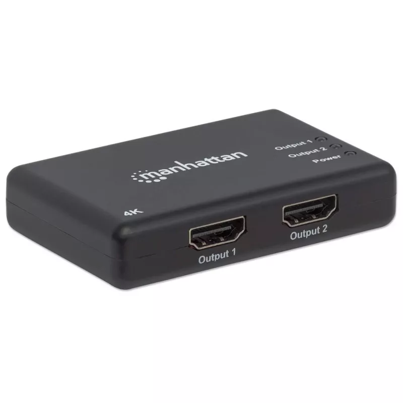 Manhattan HDMI skirstytuvas, 2 prievadų, 4K@30Hz, rodo išvestį iš vieno HDMI šaltinio į du HD ekranus (ta pati išvestis abiem ekranams), maitinamas kintamąja srove (laidas 0,9 m), juodas, trijų metų garantija