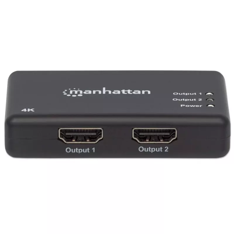 Manhattan HDMI skirstytuvas, 2 prievadų, 4K@30Hz, rodo išvestį iš vieno HDMI šaltinio į du HD ekranus (ta pati išvestis abiem ekranams), maitinamas kintamąja srove (laidas 0,9 m), juodas, trijų metų garantija