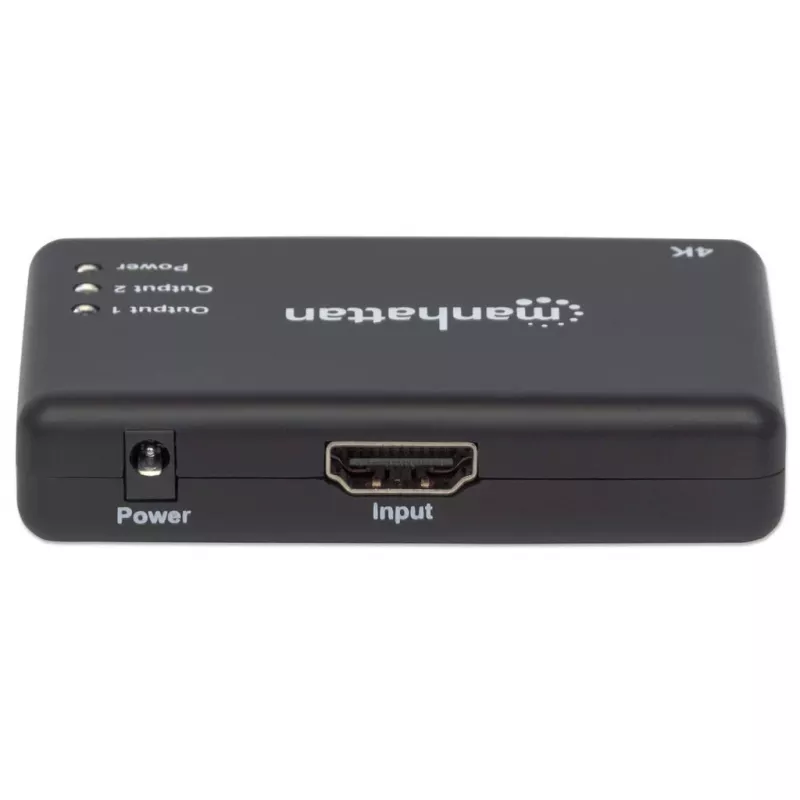Manhattan HDMI skirstytuvas, 2 prievadų, 4K@30Hz, rodo išvestį iš vieno HDMI šaltinio į du HD ekranus (ta pati išvestis abiem ekranams), maitinamas kintamąja srove (laidas 0,9 m), juodas, trijų metų garantija