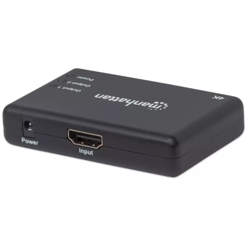 Manhattan HDMI skirstytuvas, 2 prievadų, 4K@30Hz, rodo išvestį iš vieno HDMI šaltinio į du HD ekranus (ta pati išvestis abiem ekranams), maitinamas kintamąja srove (laidas 0,9 m), juodas, trijų metų garantija