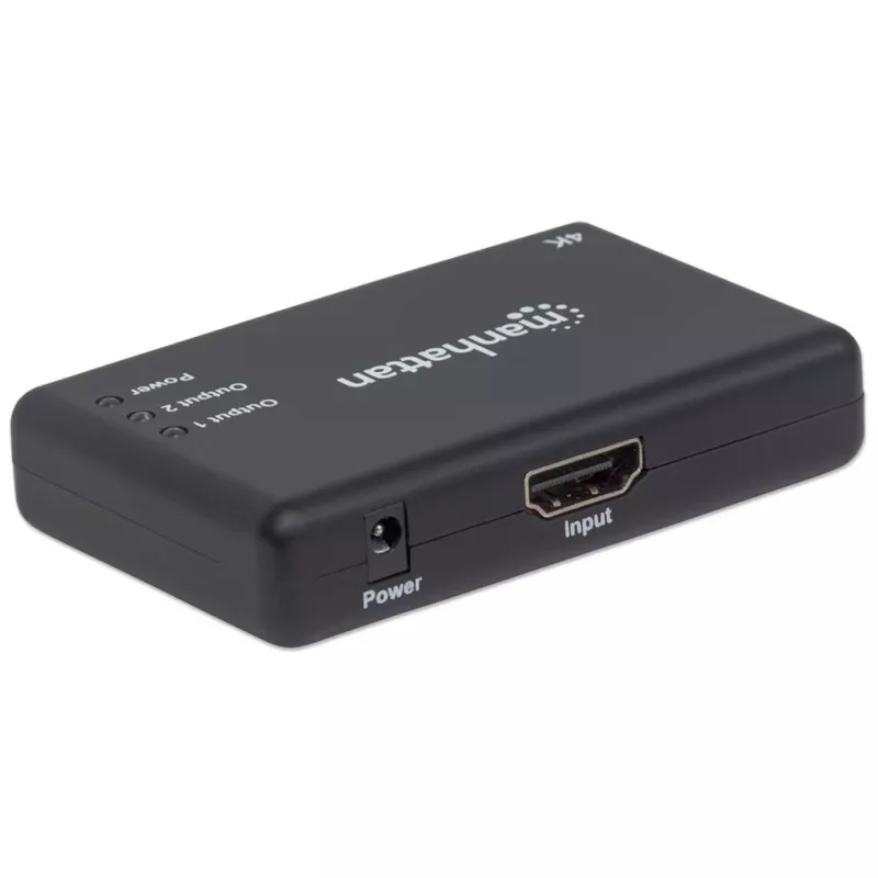 Manhattan HDMI skirstytuvas, 2 prievadų, 4K@30Hz, rodo išvestį iš vieno HDMI šaltinio į du HD ekranus (ta pati išvestis abiem ekranams), maitinamas kintamąja srove (laidas 0,9 m), juodas, trijų metų garantija
