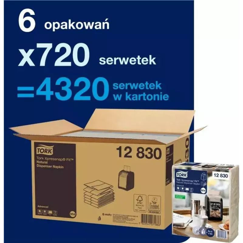 Popierinės servetėlės Tork 720 Xpressnap Fit 12830 baltos 1-sluoksnės