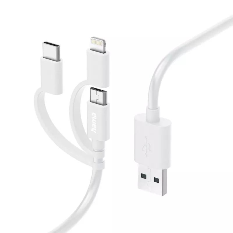 Hama 3-in-1 Multi Charging Cable, USB-A - Micro-USB, USB-C and Lightning, 1.0 m, White
