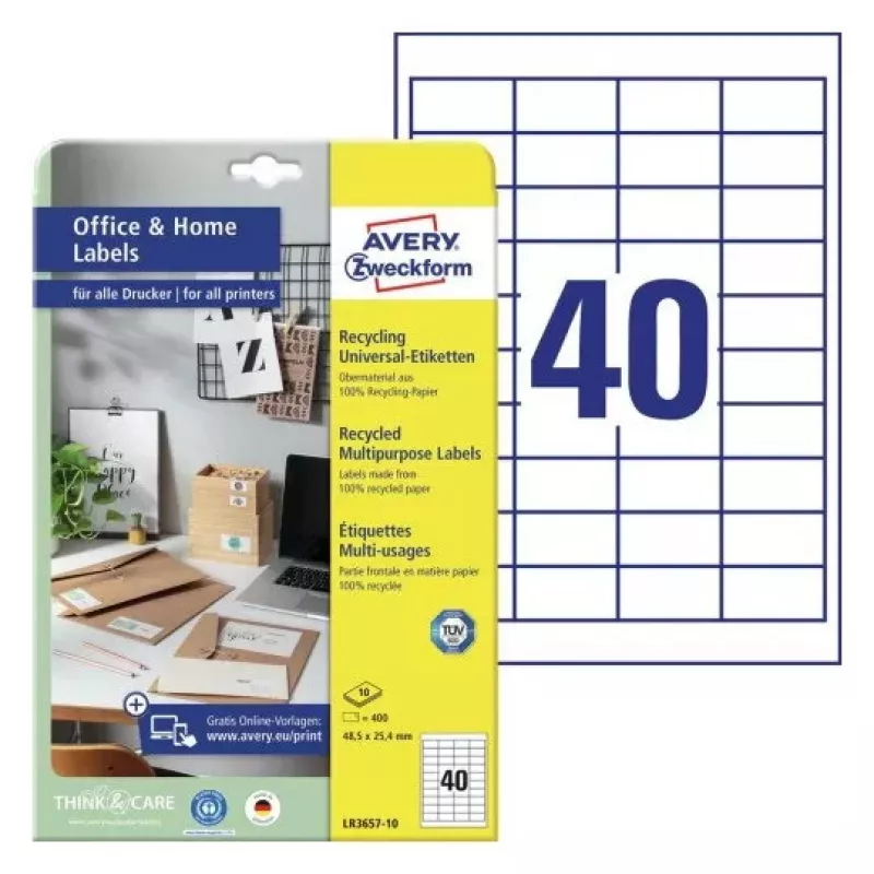 Lipnios spausdintuvo etiketės Avery LR3657-10 Baltos 2,54x4,85 cm 400 vnt.