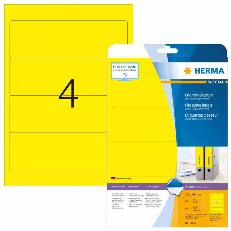 HERMA A4 dokumentų segtuvų etiketės, 192 x 61 mm, geltonos, matinis nepermatomas popierius, 80 vnt.