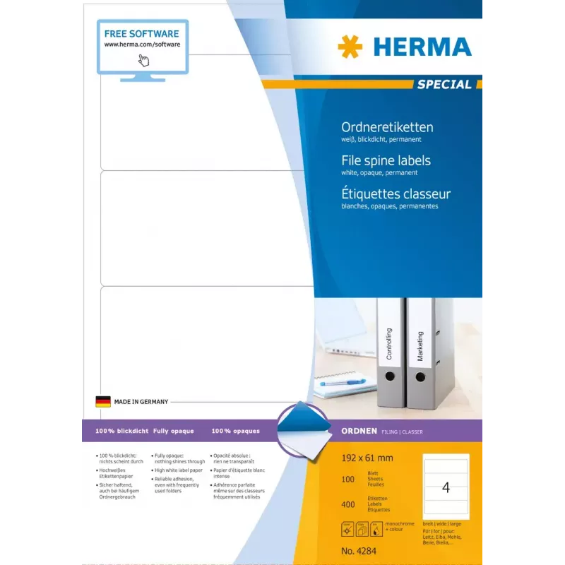 Lipnios spausdintuvo etiketės HERMA Aplankų etiketės A4 192x61 mm
