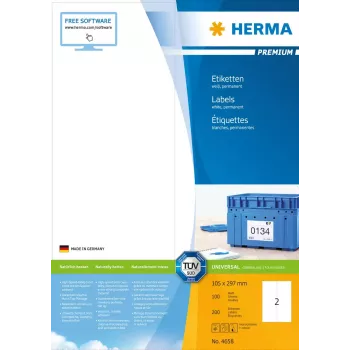 Etiketės HERMA Premium A4 105x297 mm baltas popierius matinis 200 vnt.
