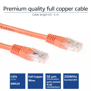 ACT oranžinis 0,5 metro U/UTP CAT6 komutacinis kabelis su RJ45 jungtimis