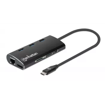 Manhattan USB-C dokas/šakotuvas su kortelių skaitytuvu, prievadai (x6): Ethernet, HDMI, USB-A (x3) ir USB-C, su maitinimo tiekimu (100 W) į USB-C prievadą (Pastaba: reikalingas papildomas USB-C sieninis įkroviklis ir USB-C laidas), universalus visiems įrenginiams, aliuminis, ekvivalentas DKT30CSDHPD3