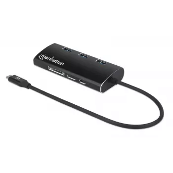 Manhattan USB-C dokas/šakotuvas su kortelių skaitytuvu, prievadai (x6): Ethernet, HDMI, USB-A (x3) ir USB-C, su maitinimo tiekimu (100 W) į USB-C prievadą (Pastaba: reikalingas papildomas USB-C sieninis įkroviklis ir USB-C laidas), universalus visiems įrenginiams, aliuminis, ekvivalentas DKT30CSDHPD3