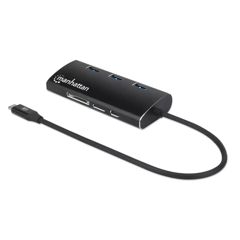Manhattan USB-C dokas/šakotuvas su kortelių skaitytuvu, prievadai (x6): Ethernet, HDMI, USB-A (x3) ir USB-C, su maitinimo tiekimu (100 W) į USB-C prievadą (Pastaba: reikalingas papildomas USB-C sieninis įkroviklis ir USB-C laidas), universalus visiems įrenginiams, aliuminis, ekvivalentas DKT30CSDHPD3