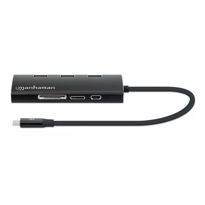 Manhattan USB-C dokas/šakotuvas su kortelių skaitytuvu, prievadai (x6): Ethernet, HDMI, USB-A (x3) ir USB-C, su maitinimo tiekimu (100 W) į USB-C prievadą (Pastaba: reikalingas papildomas USB-C sieninis įkroviklis ir USB-C laidas), universalus visiems įrenginiams, aliuminis, ekvivalentas DKT30CSDHPD3