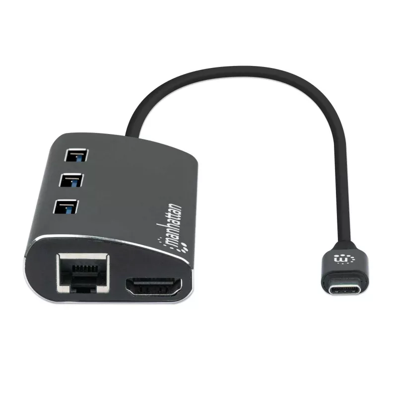 Manhattan USB-C dokas/šakotuvas su kortelių skaitytuvu, prievadai (x6): Ethernet, HDMI, USB-A (x3) ir USB-C, su maitinimo tiekimu (100 W) į USB-C prievadą (Pastaba: reikalingas papildomas USB-C sieninis įkroviklis ir USB-C laidas), universalus visiems įrenginiams, aliuminis, ekvivalentas DKT30CSDHPD3