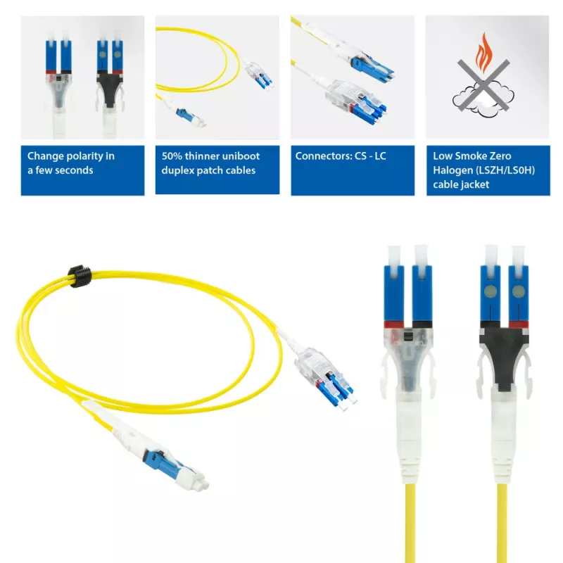 ACT 10 metrų vienmodis 9/125 OS2 Polarity Twist uniboot dvipusis šviesolaidinis komutacinis kabelis su CS - LC jungtimis