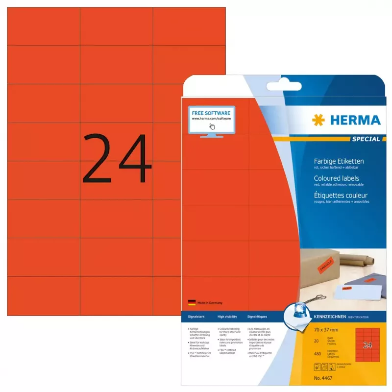 Etiketės HERMA Spalvotos A4 70x37 mm raudonos popierinės matinės 480 vnt.