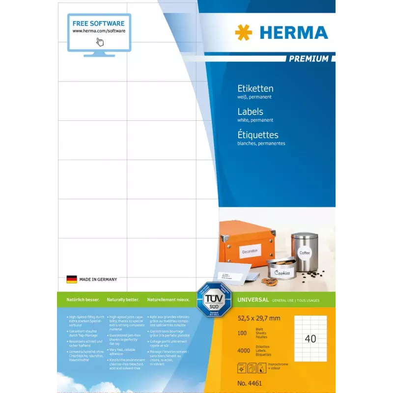 Lipnios spausdintuvo etiketės HERMA Labels Premium A4 52,5x29,7 mm