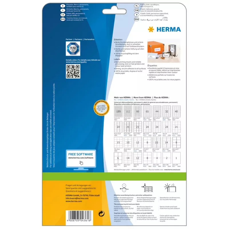 Lipnūs spausdintuvo etikečių lapai HERMA Labels Premium A4 70x42 mm