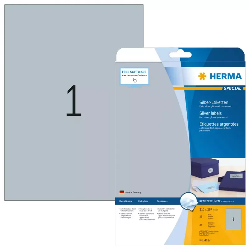 Lipnios spausdintuvo etiketės HERMA Labels A4 210x297 mm sidabrinė plėvelė blizgi 25 vnt.