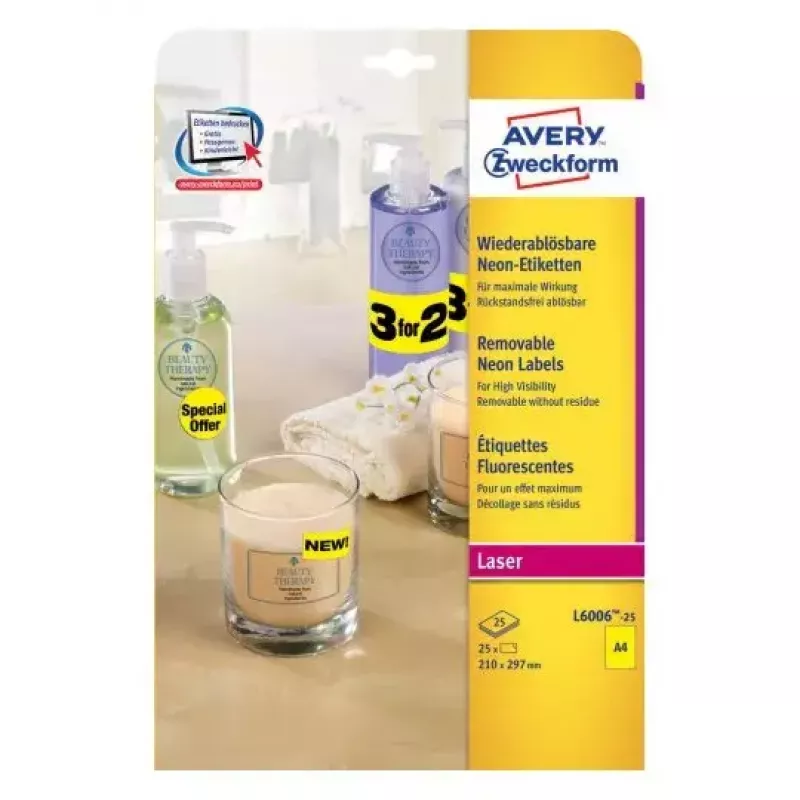 Lipnios etiketės Avery L6006-25 Suapvalintas stačiakampis Nuimamos Geltonos