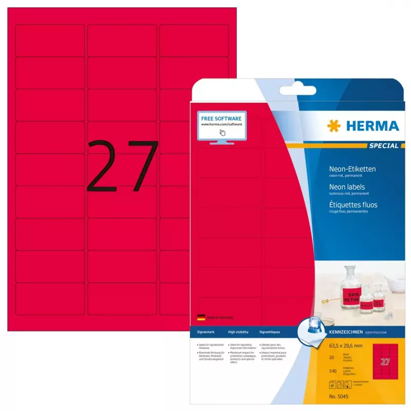 Lipnus spausdintuvo lipdukas HERMA Neon labels A4 63,5x29,6 mm švytinti raudona 540 vnt.