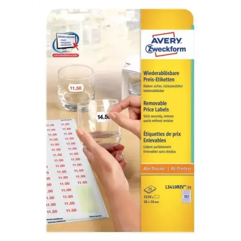 Lipnios etiketės AVERY L3410REV-25 Nuimamos Baltos 2550 vnt.
