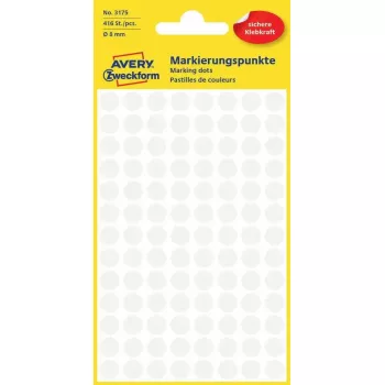 Etiketės Avery Zweckform spalvinio kodavimo taškai balti, apvalūs nuolatiniai klijai, 8 mm, 416 vnt.