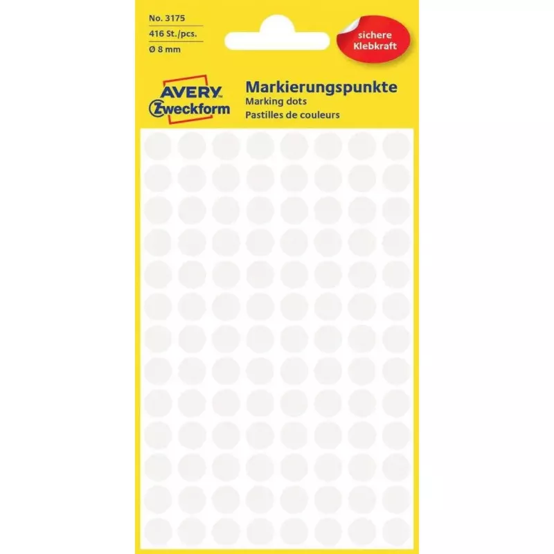 Etiketės Avery Zweckform spalvinio kodavimo taškai balti, apvalūs nuolatiniai klijai, 8 mm, 416 vnt.