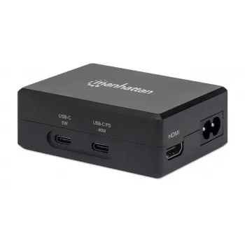 Manhattan Smart Video Multiport dokas, prievadai (x5): HDMI prievadas, USB-A (x2), USB-C (x2), su maitinimo tiekimu į USB-C prievadą, vidinis maitinimo šaltinis, itin kompaktiškas, nuimamas maitinimo kabelis, juodas, trejų metų garantija, mažmeninė pakuotė