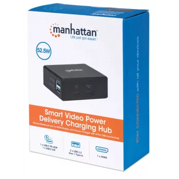 Manhattan Smart Video Multiport dokas, prievadai (x5): HDMI prievadas, USB-A (x2), USB-C (x2), su maitinimo tiekimu į USB-C prievadą, vidinis maitinimo šaltinis, itin kompaktiškas, nuimamas maitinimo kabelis, juodas, trejų metų garantija, mažmeninė pakuotė