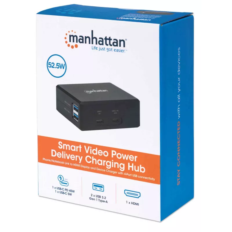 Manhattan Smart Video Multiport dokas, prievadai (x5): HDMI prievadas, USB-A (x2), USB-C (x2), su maitinimo tiekimu į USB-C prievadą, vidinis maitinimo šaltinis, itin kompaktiškas, nuimamas maitinimo kabelis, juodas, trejų metų garantija, mažmeninė pakuotė