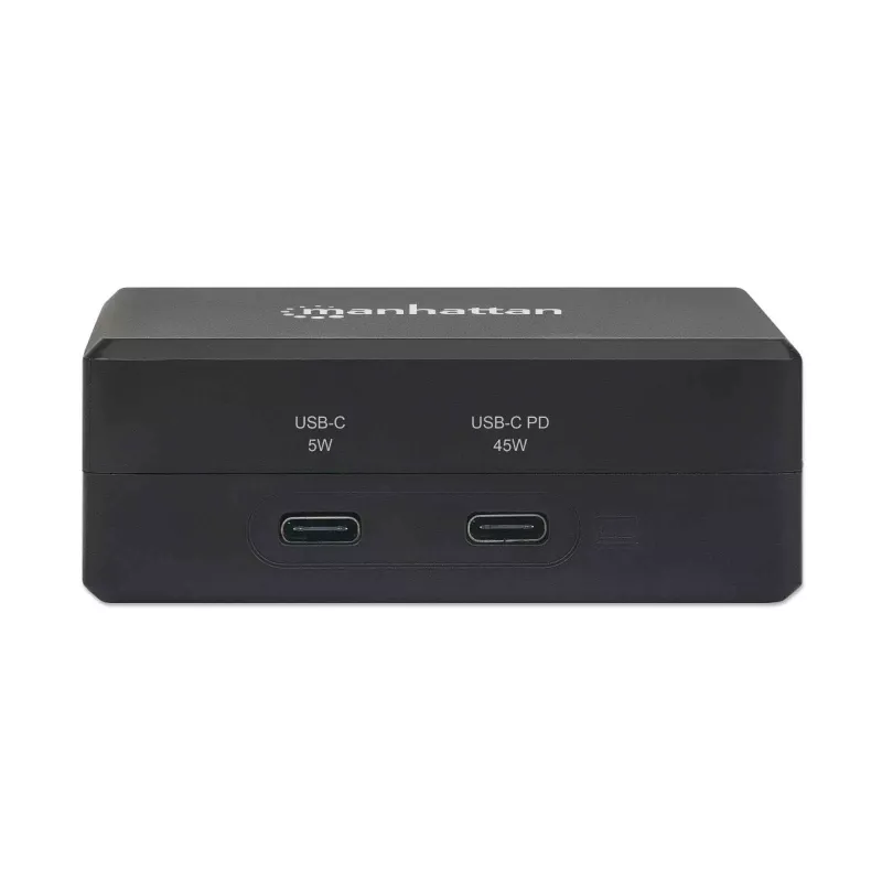 Manhattan Smart Video Multiport dokas, prievadai (x5): HDMI prievadas, USB-A (x2), USB-C (x2), su maitinimo tiekimu į USB-C prievadą, vidinis maitinimo šaltinis, itin kompaktiškas, nuimamas maitinimo kabelis, juodas, trejų metų garantija, mažmeninė pakuotė