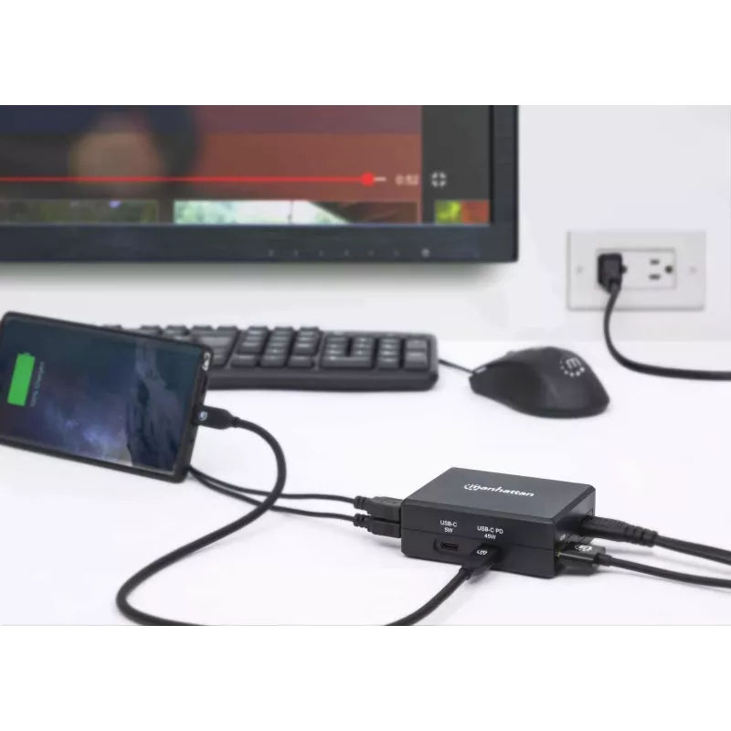 Manhattan Smart Video Multiport dokas, prievadai (x5): HDMI prievadas, USB-A (x2), USB-C (x2), su maitinimo tiekimu į USB-C prievadą, vidinis maitinimo šaltinis, itin kompaktiškas, nuimamas maitinimo kabelis, juodas, trejų metų garantija, mažmeninė pakuotė
